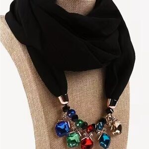 Elegant Black Scarf Necklace with Multicolor Gemstones